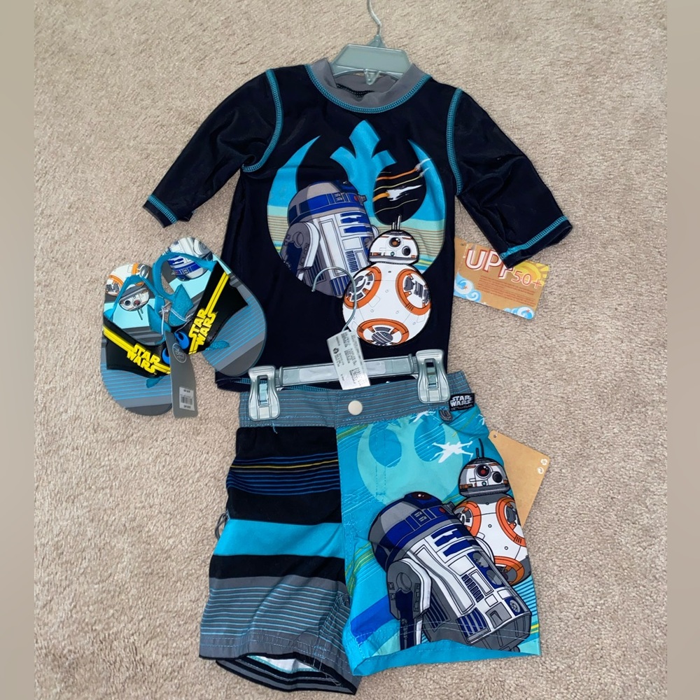Disney Star Wars swim trunks rash guard size 3 and flip flops size 7/8